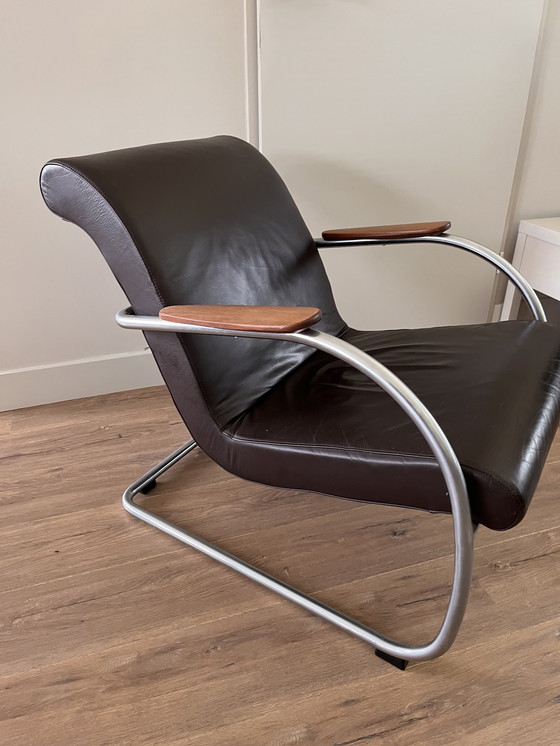 Image 1 of Sillón de cuero Harvink Deining con reposabrazos de teca