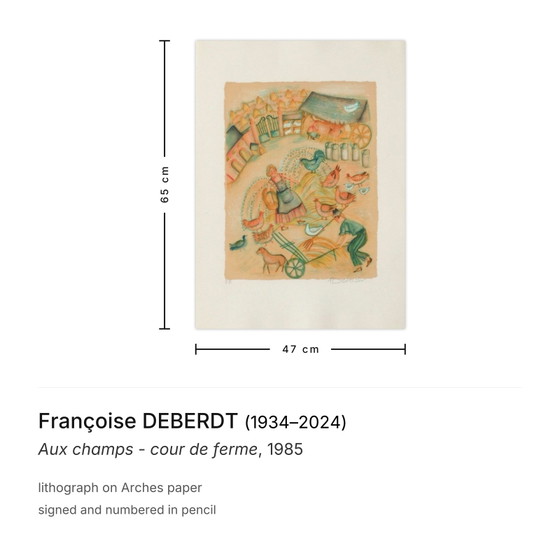 Françoise Deberdt Lithographie Signée Aux Champs - Cour De Ferme 1985 – Lithographies et sérigraphies, Paper (photo 3 of 5)