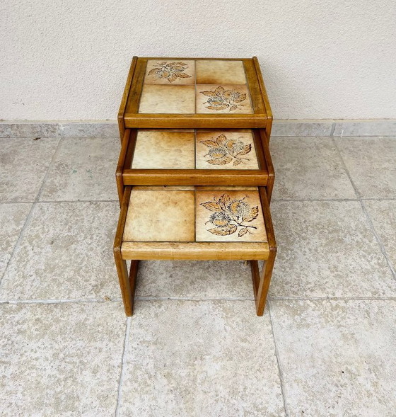 Image 1 of Set of 3 vintage nesting coffee tables in teak and earthenware, 1960