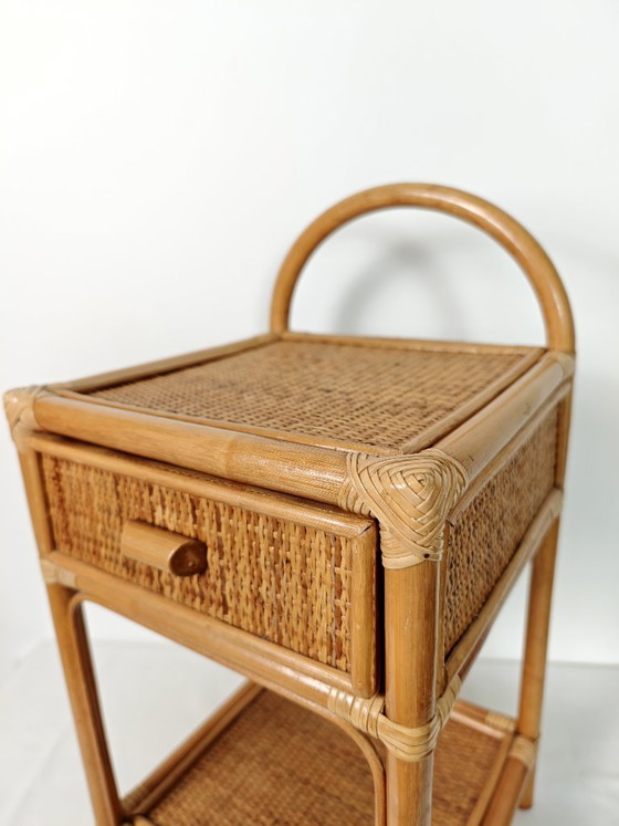 Image 1 of Vintage Rattan Bedside Table / 1970s Bamboo Nightstand / Boho Side Table with Drawer / Wicker Furniture / Coastal Bohemian Decor