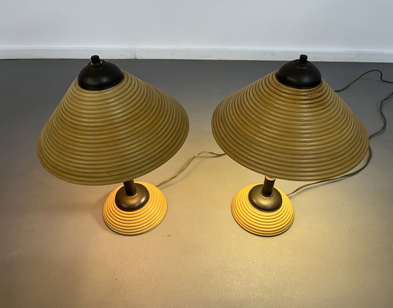 Image 1 of 2 lampade vintage in rame e rattan, Italia