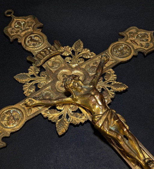 Crucifijo antiguo de bronce de gran tamaño – Cruz neogótica ornamentada – 45 cm – 1,54 kg (photo 2 of 12)