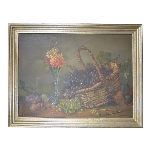 M. Maton-Wicart (20e Eeuw) "Stilleven met Druivenmand" Olieverf op Doek, Gesigneerd