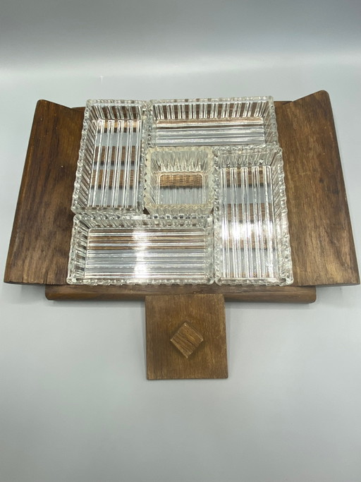 Art Deco Pressed Glass and Wood Hors d'oeuvre Set - 5 Small Dishes – glazen karaffen (photo 2 of 4)