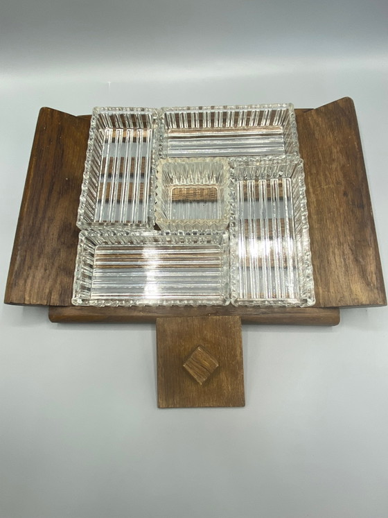 Art Deco Pressed Glass and Wood Hors d'oeuvre Set - 5 Small Dishes – Glass & Decanter (photo 2 of 4)