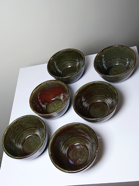 Image 1 of 6 handcrafted stoneware bowls glazed with ash, signed Tournay, vintage 1970-1990