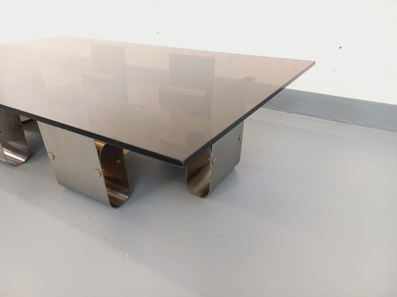 Image 1 of Large rectangular coffee table by François Monnet, vintage Space Age style, in steel and smoked glass from the 1970s