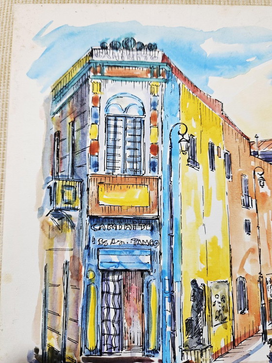 Jorge Alio, Caminito, Buenos Aires, Argentijnse Tango, 2000, Originele Aquarel – Schilderijen & Tekeningen (photo 3 of 8)