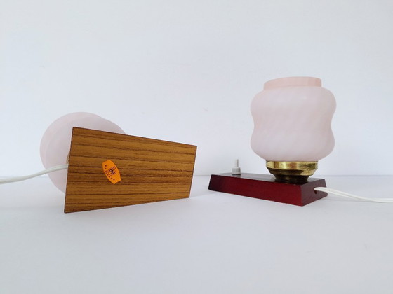 Image 1 of Vintage Mid Century Nightstand Lamps Pair / Retro Pink Swirl Glass Table Lights / 1970s Yugoslavian Bedroom Decor / By EMI Poljc