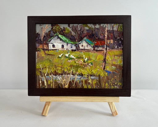 Original Oil Painting Summer Village Landscape Near the village lake