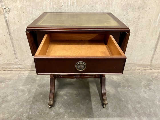 Image 1 of 🇬🇧 Antique side table with green inlaid leather, drawer and flaps