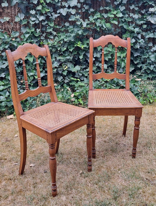 2 sillas de comedor antiguas de madera estilo Biedermeier con correas. – eetkamerstoelen, Rattan, Wood