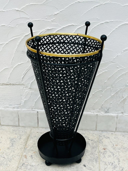 Porte parapluie vintage en métal perforé noir et laiton
