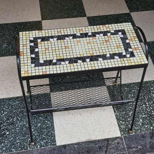 Vintage Mosaic Side Table in Wrought Iron and Ceramic