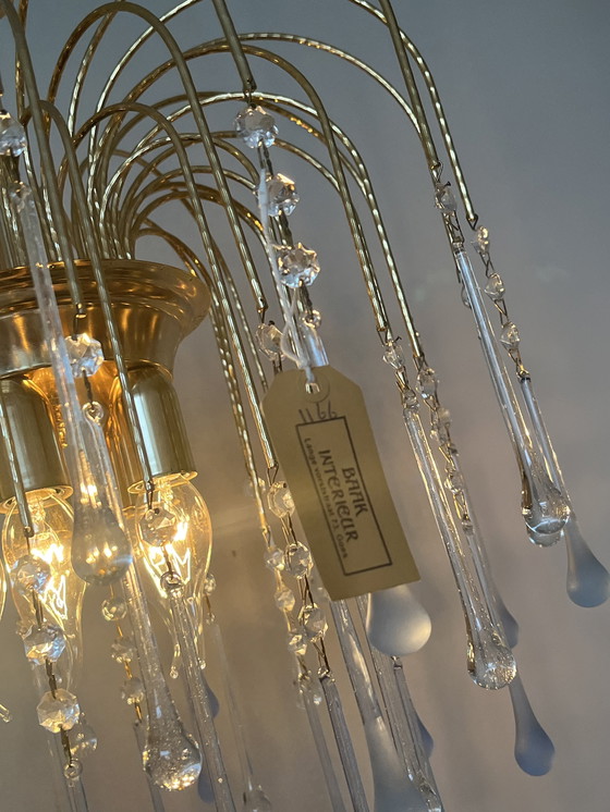 Image 1 of Vintage Blauwe Teardrop Kroonluchter Hanglamp Goud Frame