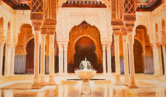 Image 1 of Drawing of a mosque in Malaysia. Mosque drawing. Mosque painting. Mozarabic art. Oriental architecture. New.