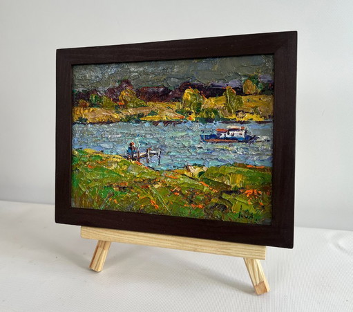 Original Oil Painting Summer River Landscape Sailing on the river