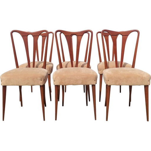 Ensemble de 6 chaises vintage en bois et tissu, années 1940