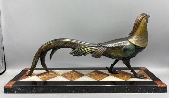 Image 1 of Grote Art Deco Fazant Beeld – Gepatineerd Spelter op Luxe Marmer – Franse 1930s Sculptuur – Wandeldecor / Verzamelobject 
