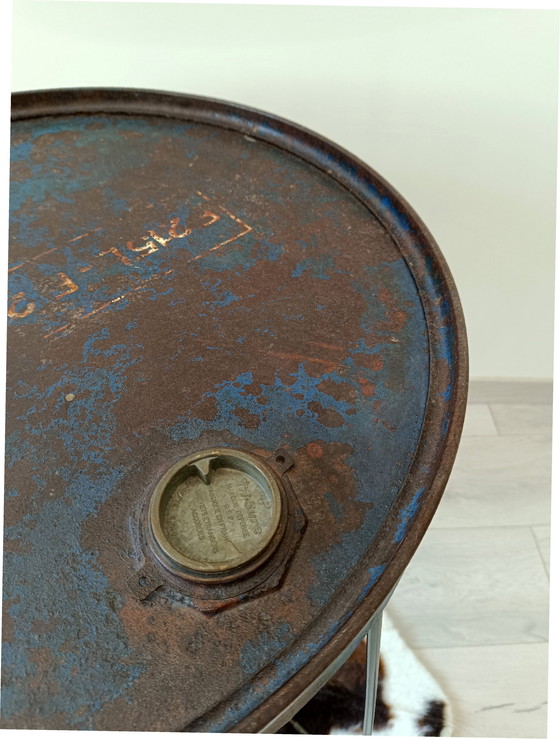 Image 1 of side table made from recycled drum -raw  & graphic design