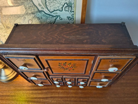 Vintage Wooden Spice Cabinet / Antique Spice Cabinet – Wall cabinet, Porcelain (photo 7 of 8)