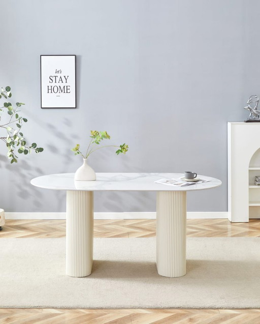 Tavolo da mangiatoia SELENA 180 cm – Plateau Céramique Effet Marbre Blanc & Pied Beige – Design Chic