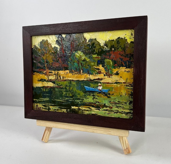 Image 1 of Original Oil Painting Autumn Forest Landscape Dawn over a quiet river
