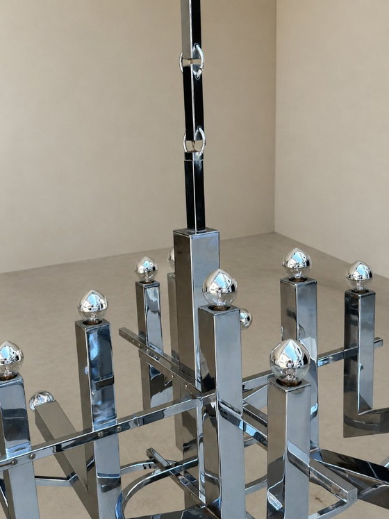 Impressive Sculptural 16-Light Chrome Chandelier — Gaetano Sciolari — Italy, 1970s – Pendant lamps, Metal (photo 3 of 6)