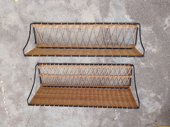 Image 1 of Pair of Vintage Raoul Guys Rattan Wall Shelves, French Mid Century Woven Bamboo Shelving, Boho Modernist Decor