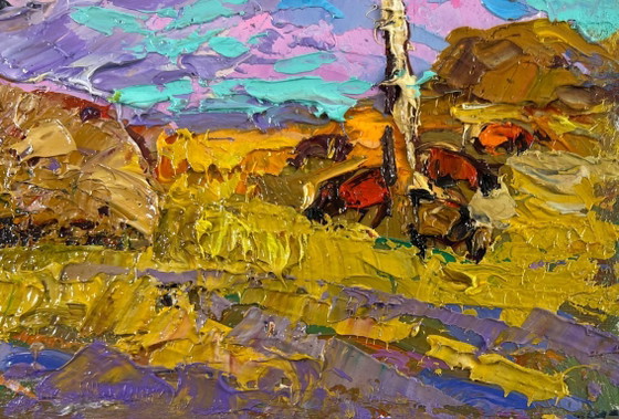 Image 1 of Original Oil Painting Summer Field Landscape The sun touches the ground