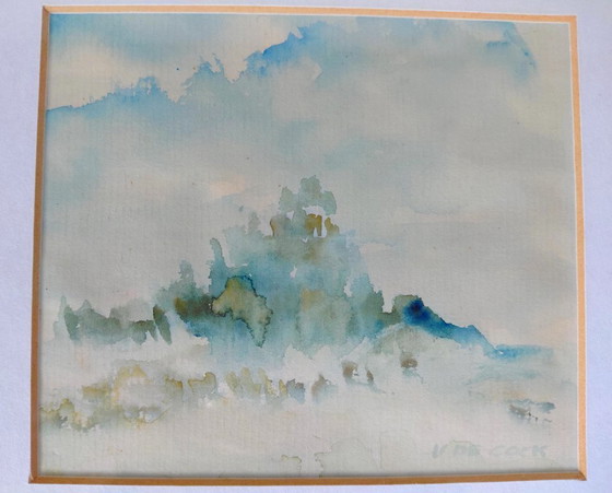 Atmospheric minimalist watercolor 'View in the Dunes' - Signed V. de Cock, Paintings & Drawings, Paper (photo 5 of 6)