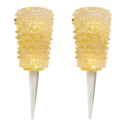 A Pair Barovier Style Art Deco Rostrato Clear Italian Murano Glass Wall Sconces