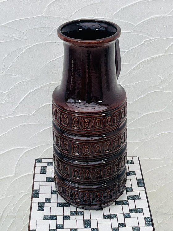 Image 1 of Brown vase with geometric relief from the 1970s, West Germany