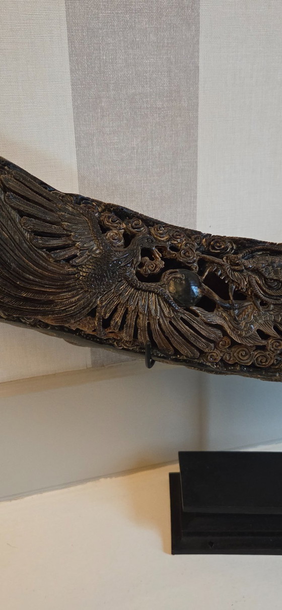 Image 1 of Large carved buffalo horn on a base (ref 4168)