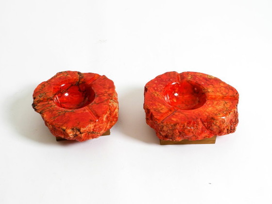 Image 1 of Two Unique Mid-Century Standing Ashtrays Consisting of Red Alabaster Cup with Beautiful Wooden Stand with Shelves