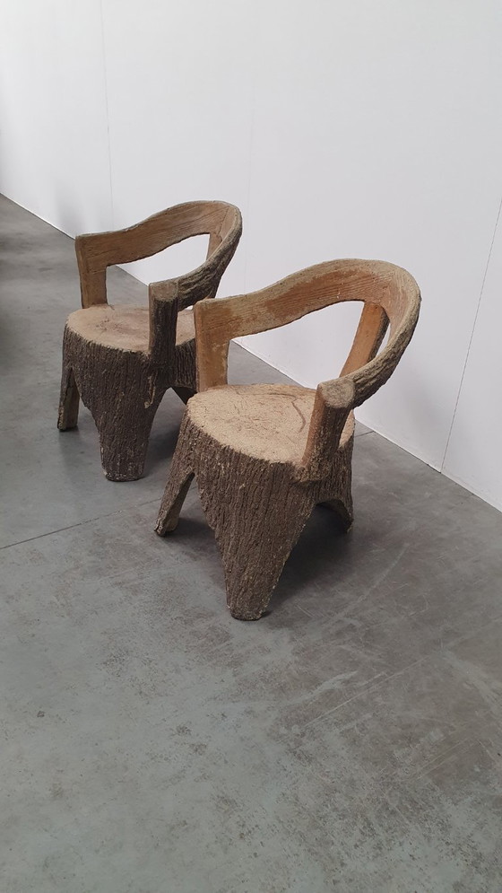 Image 1 of Vintage faux wood cement garden set 4 chairs/table Brutalist 60s France