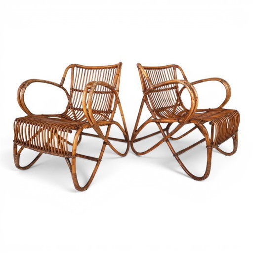 Par de sillones franceses vintage de ratán y bambú, 1960.