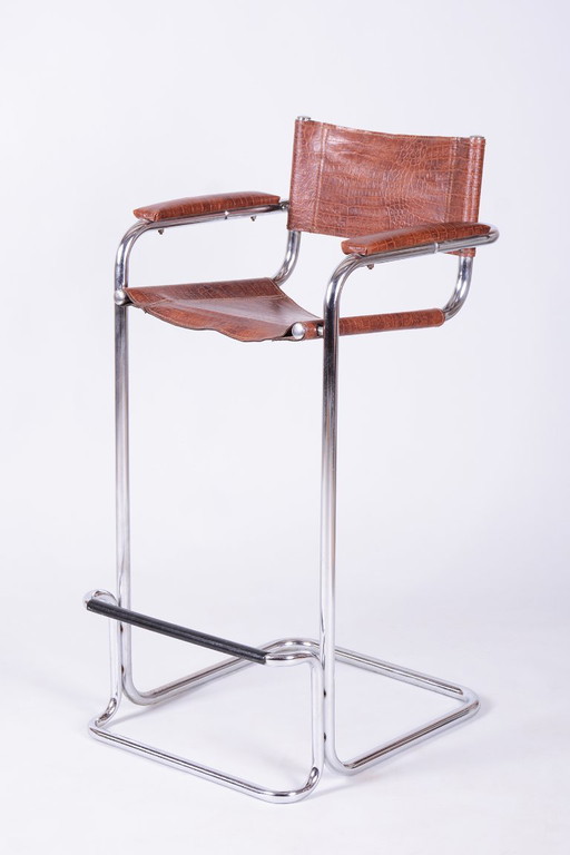 Originele Bauhaus Barkruk, verchroomd staal, kunstleer, Duitsland, jaren 70