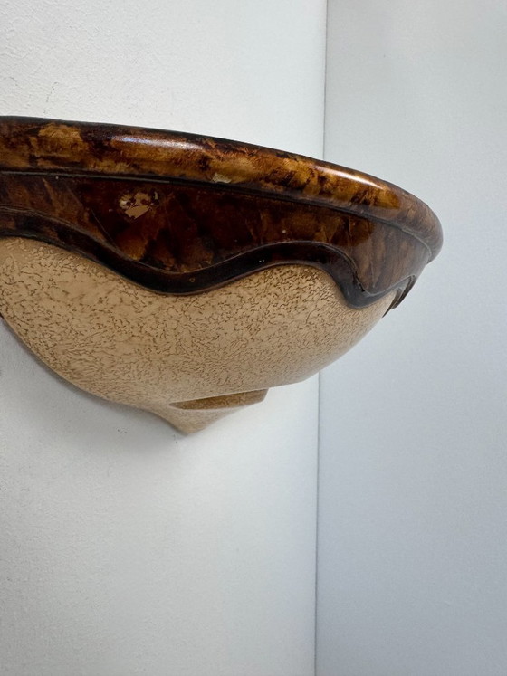 Image 1 of Paire d'appliques murales vintage porcelaine émaillée beige et marron, France 1960