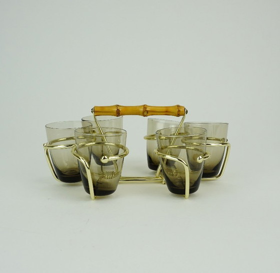 Image 1 of set of 6 mid century SHOT GLASSES in a brass holder with bamboo handle 1950s