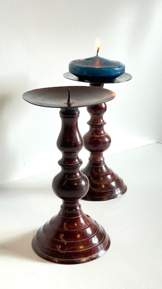 Image 1 of Vintage Patinated Metal Candlesticks