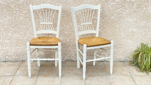 Paire de CHAISES Paillées BLANCHES Vintage 