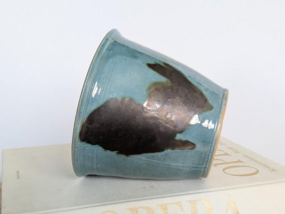 Vintage Studio Pottery plantenpot met gespikkelde turquoise en antracietkleurige glazuur, gesigneerd door (photo 13 of 15)