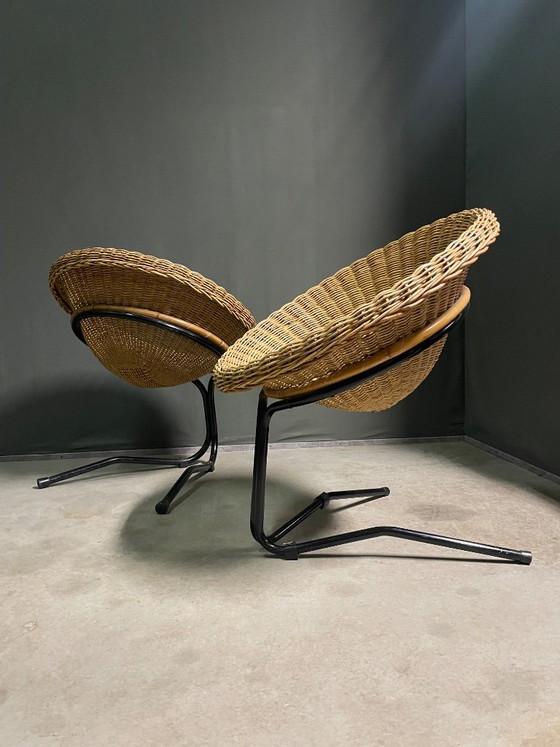 Rare pair of 'Rohe' Wicker and Metal Lounge Chairs 1960, Rohé Noordwolde, Armchairs, Brown, Vintage (photo 5 of 5)