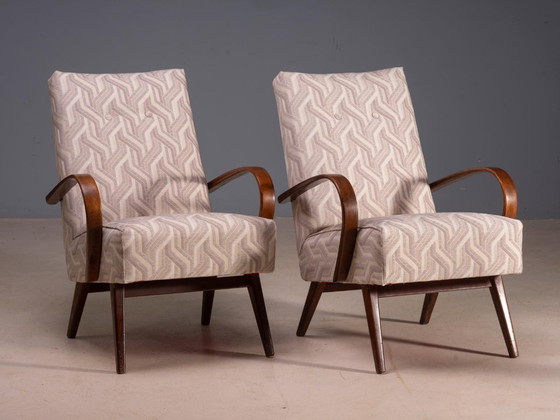 Restored Bentwood Armchairs by Jaroslav Šmídek, Pair, Czechoslovakia, New Beige Patterned Upholstery, 61 × (photo 4 of 12)