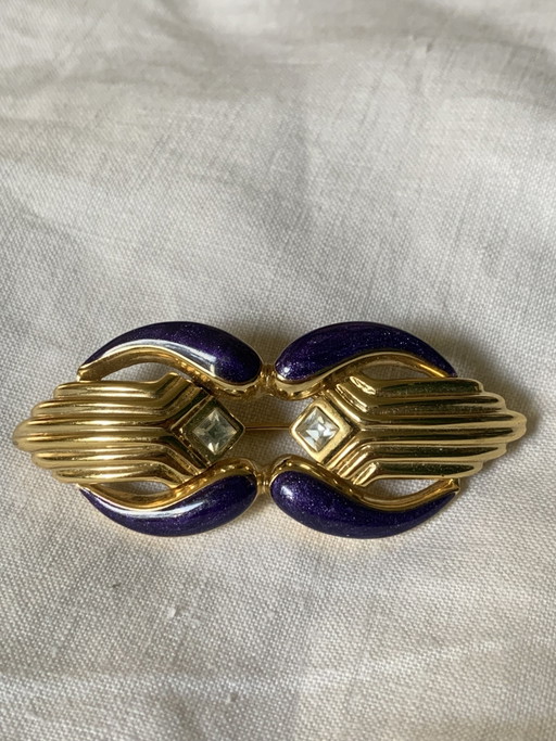 Broche-Pendentif Vintage GUY LAROCHE Signée - Plaqué Or et Émail Aubergine - (7x3 cm) – cadeaus, Other, Crystal