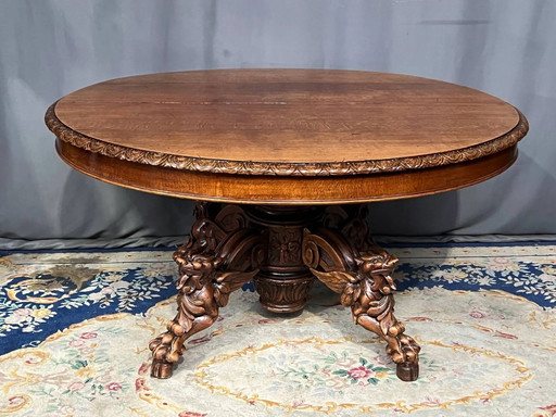 Grande table à manger extensible de style chasse, ornée de quatre figurines de renards sur un pied. (photo 2 of 5)