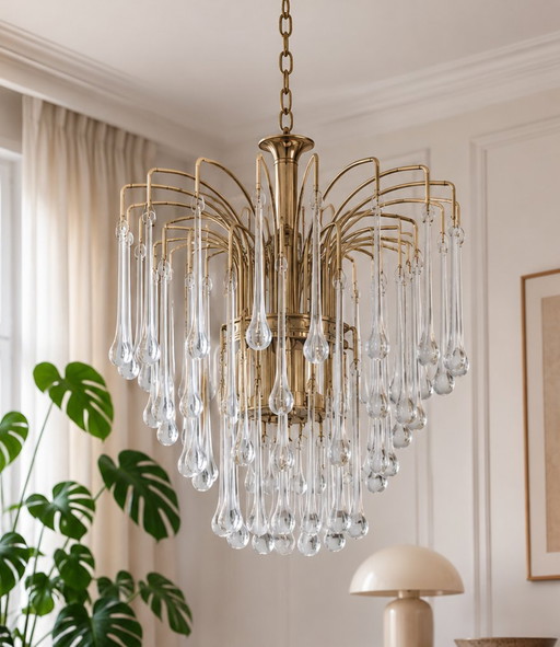 Lampadario vintage Murano a cascata – 56 gocce di vetro – Ottone – Design italiano anni '70 – kroonluchters, Brass