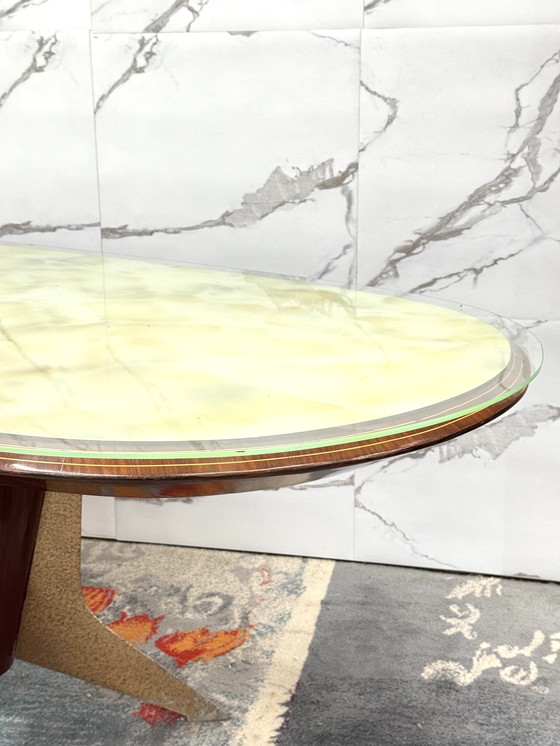 Image 1 of TABLE DE SALLE À MANGER DES ANNÉES 1950 EN PALISSANDRE, VERRE MARBRÉ ET LAITON