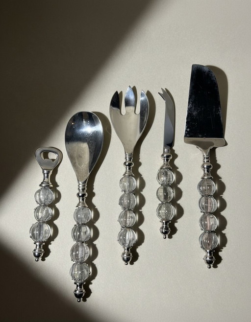 Silver-plated metal and glass serving utensils (salad/bottle opener/cheese/cakes)